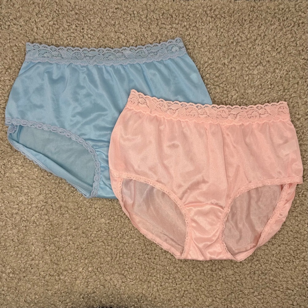 Vintage Adonna JCPenney Nylon Lace Trim Panties Set Blue Pink Large Made in USA